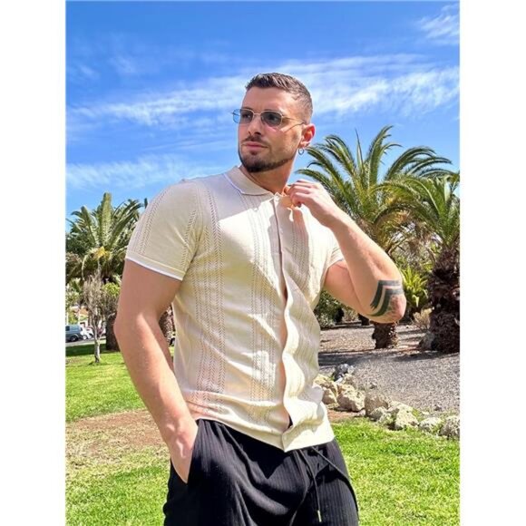 Men's Knit Button Down Shirt Vintage Short Sleeve Polo Shirts Casual - Picture 2 of 7